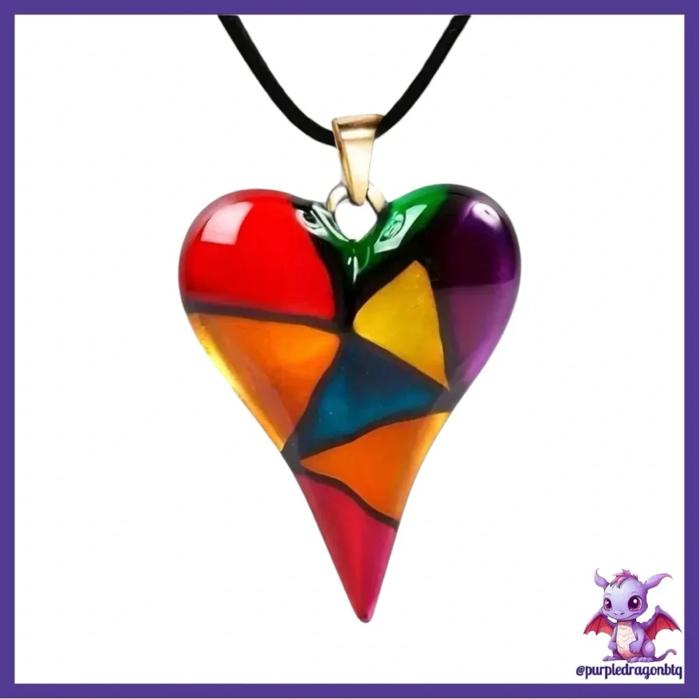Bohemian Colorful Mosaic Heart Pendant On A Black Cord